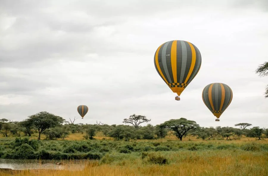 Hot air balloon floating over the Serengeti at sunrise
